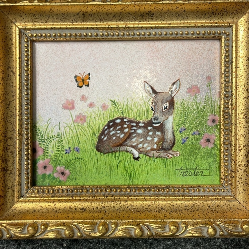 Vintage Lorraine Trester Enamel-on-Copper Baby Dear Bird Sweet Floral Artwork - Picture 2 of 6